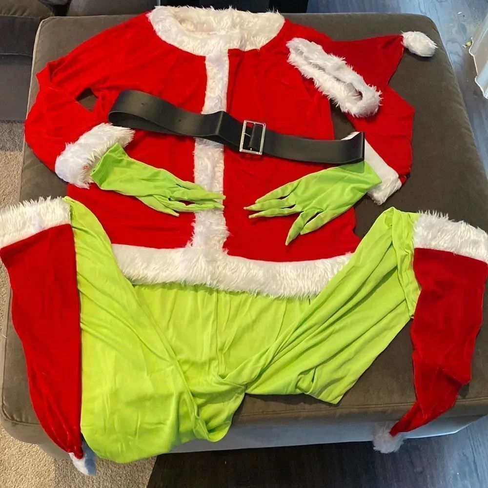 Adult Holiday Christmas Grinch Green Monster Santa Costume 6pc Set Size S NEW